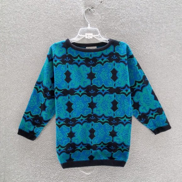 VINTAGE Herald House Women Sweater Medium‎ Blue Pattern Long Sleeve Boat Neck - Picture 1 of 9